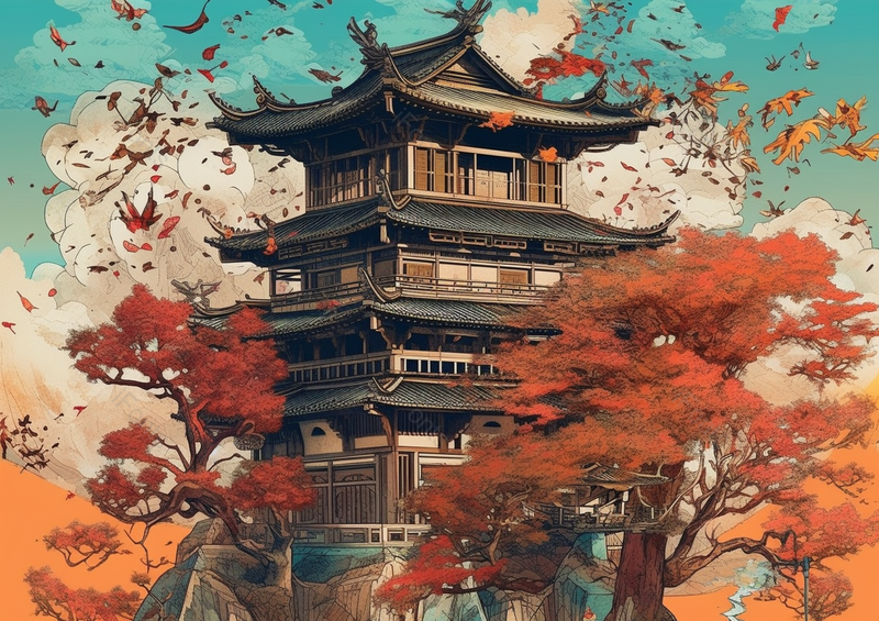 中国国潮国风新中式古风建筑枫树树叶漫天飞舞室外风景场景背景插画,插画/手绘图,插画/手绘图库,插画/手绘图下载,插画/手绘